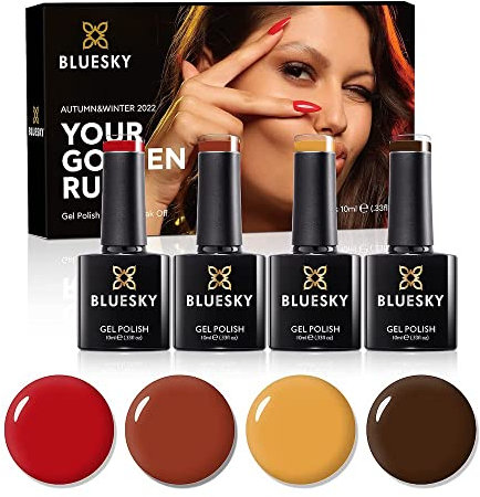 Bluesky Gel Nail Polish Set, AW22, Autumn Collection Gift Set, 4 x 10ml, Yellow, Red, Brown, Mustard (Requires Curing Under UV LED Lamp)