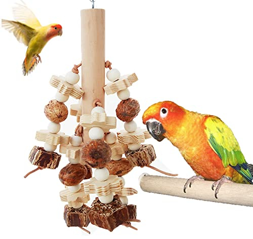 HUOGEE Papageien Spielzeug, Vogel Kauen Spielzeug, Maiskolben Hängekäfig Spielzeug, Natürliche Holzblöcke für Wellensittiche Papageien Finken Sittiche Aras Nymphensittiche