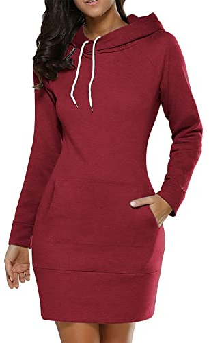 ORANDESIGNE Vestiti Casual Donna Abito Felpa con Cappuccio Moda Linea A Abito in Maglione Elegante Mini Abito Corto A Maniche Lunghe Tinta Unita Sweatshirt Felpa Lunga Pullover A Rosso S