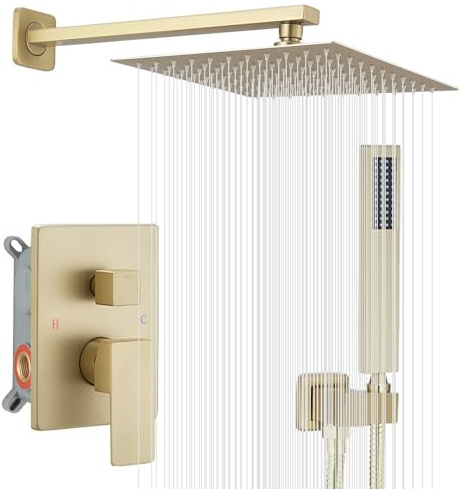 JingGang Brushed Gold Shower System 10 Inch Bathroom Luxury Rain Mixer Shower Combo Set Wall Mounted Rainfall Shower Head and Handheld System Shower Faucet Rough-in Valve Body and Trim Kit