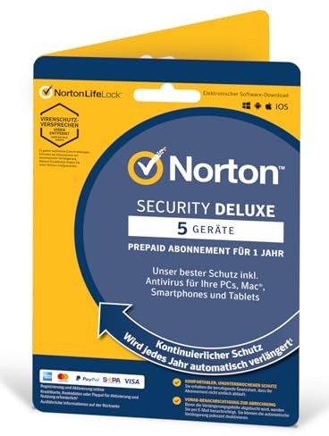 1 Stück - Norton Security Deluxe 5 Geräte / 1 Jahr - 2023 - 2024 【OHNE ABO】 Inklusive Antiviren Software - für Windows, Mac, Android, iOS - PKC