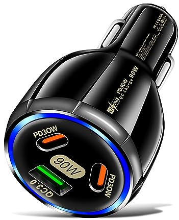 JADUFHU 90W USB C billaddare bil, cigarettändare QC3.0/PD30W, passar USB C billaddare för IPhone, surfplatta, Samsung, Huawei, Xiaomi - svart