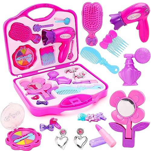 Toyland® 15 Piece Hair Makeup Beauty Case, Hair Accessories, Mirror, Makeup, Jewelry and Carrying Case, Dress Up Toys