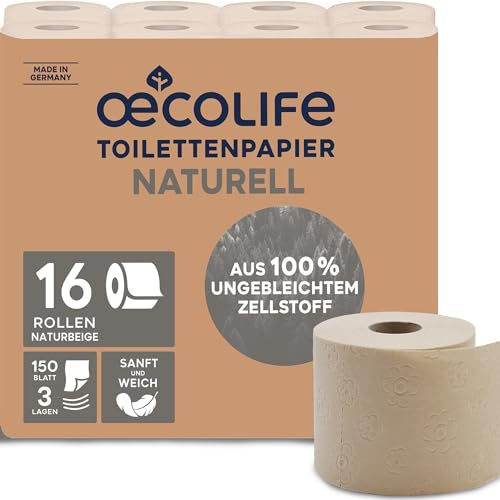 oecolife Toilettenpapier NATURELL, 3-lagig, 16x150 Blatt, superweich, vegan, WC Papier, nachhaltiges Klopapier, Verpackung mit 60% PCR-Anteil
