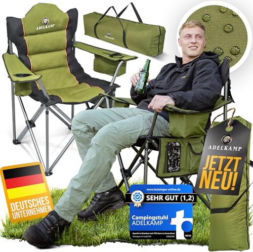ADELKAMP Campingstuhl Faltbar [Dick gepolstert] Ultragroß | Hoher Komfort | 150kg Belastbar | Mit Kühltasche & Getränkehalter – Testsieger 2024, Luxus Premium, Olivgrün