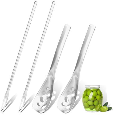 LELE LIFE 4 cucchiai per olive e forchetta per sottaceti, in acciaio inox SUS304, piccoli cucchiai scanalati con foro di scarico, forchetta lunga per sottaceti, cipolle, cetrioli, olive, argento