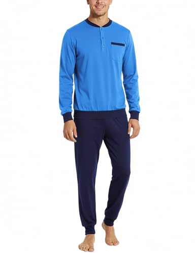 Bresdk Pijama Hombre Invierno Algodón Ropa de Dormir Camiseta de Manga Larga Largo Pantalón Pijama para Hombre Azul Celeste Azul Oscuro XL