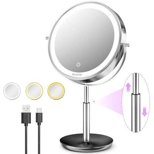 Auxmir 30X Magnifying Mirror with Lights, 9'' Double Sided Lighted Makeup Mirror with Tweezer, Height Adjustable 3 Color Stepless Dimmable Mirrors, Rechargeable 360° Free Standing Vanity Mirrors