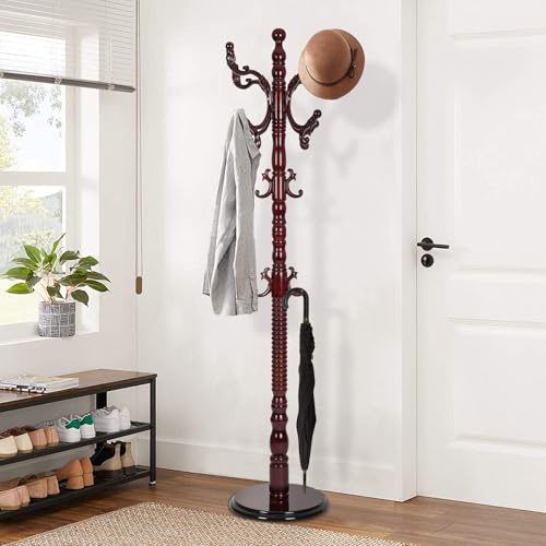 VKETU Wooden Coat Rack Freestanding, Vintage Coat Racks with Sturdy Round Base, Adjustable Height 37.40-72.83 Entrance Coat Rack for Bedroom Living Room Entryway (Solid wood Rosewood)