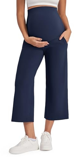 G4Free Wide Leg Maternity Trousers Over The Belly Capris Yoga Pants for Women UK Stretch Lounge Pregnancy Cropped Work with Pockets