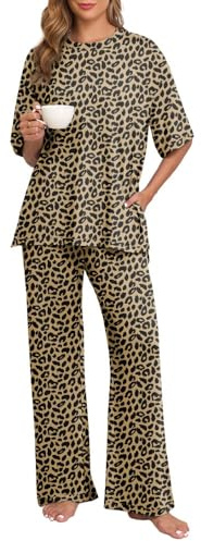 PrinStory Pyjamas, dampyjamas-set, rund hals, loungewear, kortärmade nattkläder, långa pyjamasbyxor