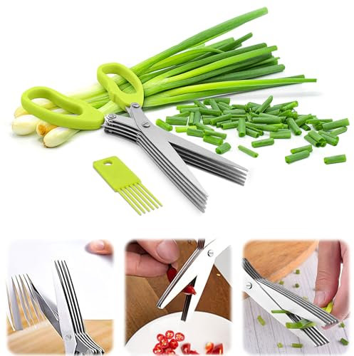 Ciseaux de cuisine multifonction à 5 lames pour couper la coriandre, les oignons, la salade, les herbes et les épices (vert)