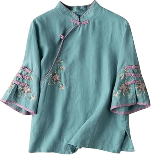 Kinesisk Stil Retro Långärmade Toppar Damer Casual Skjortor Bomull Linne Utsökt Broderi Traditionell Hanfu Blus(Green,4XL)