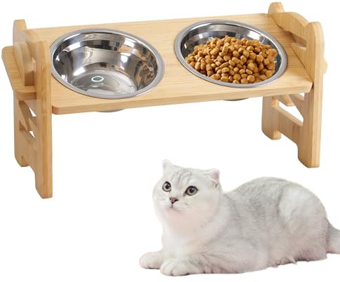 PORFOYO Comedero Perro Elevado de Bambú con 6 Alturas Ajustables, 2 Cuencos de Acero Inoxidable y Patas Antideslizantes, para Perros y Gatos Pequeños y Medianos