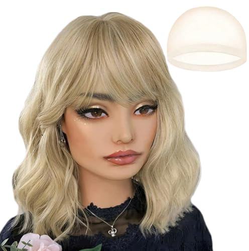 JSTHHTT 14 Pollice Ondulato Parrucca Bionda per Donne, Sintetico Parrucca con Frangia, Cosplay Capelli Della Signora Di Modo Festa