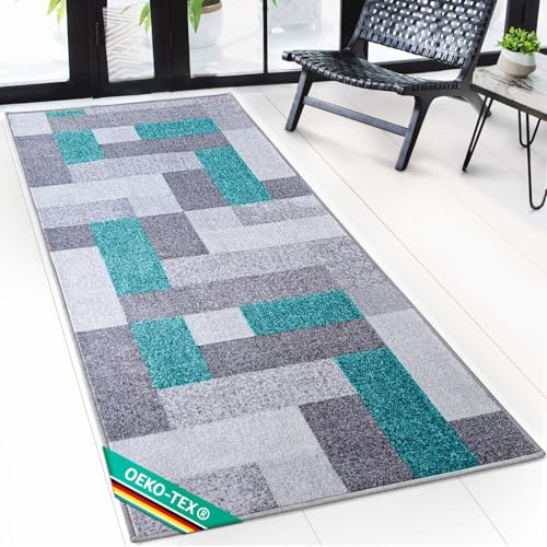 Floordirekt Teppich Läufer New York - Teppichläufer auf Maß - Meterware, Flurteppich, Küchenläufer, Teppich für Küche, Flur & Wohnzimmer Türkis (80 x 300 cm)