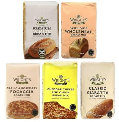 Wright's Baking Bread Mix Selection Pack - Premium White, Farmhouse Wholemeal, Garlic and Rosemary focaccia, Cheddar Cheese & Onion, Classic Ciabatta (One of Each 500g Pack) (NP)
