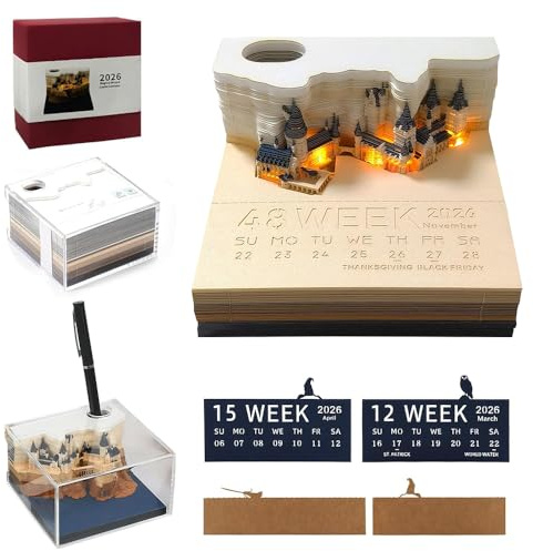 XUXLEKK 3D-anteckningsblock, 3D-kalender 2026 bordskalender, kreativ magisk slott klisterlappar, papper carving konst memo pad anteckningar för jul inflyttningsskrivbord dekoration (lås)