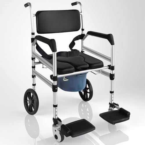 Silla de ducha con ruedas de goma maciza de 10, silla de inodoro 4 en 1 para personas mayores y discapacitados, soporta 160 kg, silla de ducha con ruedas y cinturón de seguridad, inoxidable y