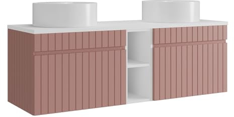 Vente-unique - Armario colgante estriado, con nichos y doble lavabo, redondo, rosa, longitud 140 cm, SATARA