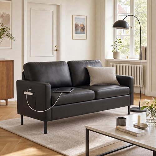 ROCSUMOO 2 Seater Sofa 143cm PU Leather Comfy Loveseat Modern Upholstered Small Sofa Couch for Living Room Office Apartment, Black