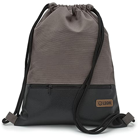 By Bers LEON Sacca da palestra, grande tasca esterna con cerniera, tasche interne, zaino da donna e da uomo, in pelle vegana, Grigio_nero_PU, taglia unica, Sacca da palestra