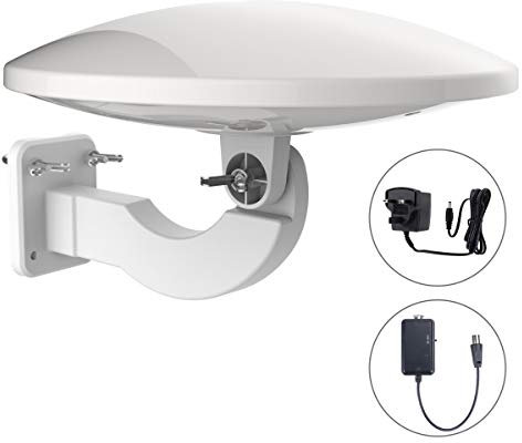 1byone Antenne TV extérieure 32 DB avec amplificateur, antenne de Toit réception de HDTV, DVB-T/DVB-T2 et signaux analogiques, avec Filtre 4G LTE intégré