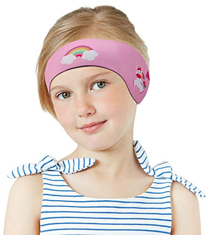 MoKo Schwimmen Stirnband, Neopren Schwimmband Ohrenband Wasserdichtes Kopfband Haarband mit Hohe Elastizität und Klettverschluss Ohrenschutz Band für Kinder Alter 3-9, M Größe - Rosa