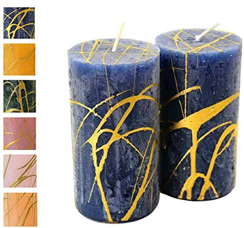 Adventljus m. gyllene mönster – 2 stycken – rustik yta – ljus/stumpljus – jul/julkrans/adventkrans (nattblå, höjd: 11 cm/ 6 cm – 2 stycken)
