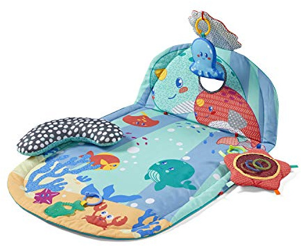 Infantino 3 Stage Above & Beyond Tummy Time Mat - 3 Play Modes for Gross Motor Development, 3 Removable Ocean Themed Toys, Tummy-Time Bolster, Giant 38x20 Mat with Kickstand for Overhead Play