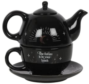 Enchanting Black Fortune Teller Tea-for-One Tea Set - 15cm x 16.5cm (1 Set) - Magical Design with White and Gold Accents, Includes Teapot, Cup, and Saucer - Ideal for Making the Perfect Cuppa