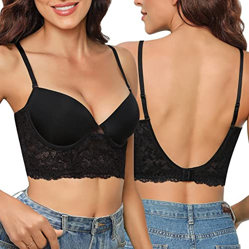 Niwicee Soutien Gorge Dos Nu Soutien-Gorge Push-Up Deep-V Plunge, Armatures Soutien-Gorge Dos Nu Dentelle Floral, Bretelles Multiposition Amovible Bra Dos en Forme De U-Noir-38-B