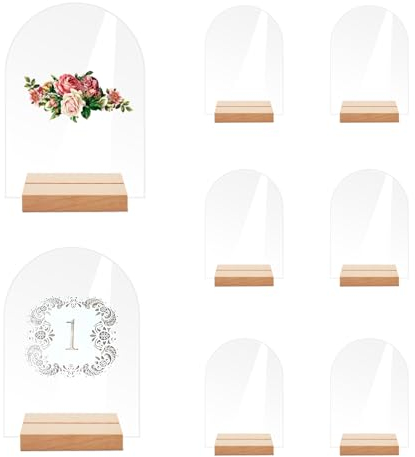 Belvanr Lot de 8 Panneaux Acryliques en Arc de Cercle Vierges Bombés Plaque Acrylique Transparente avec Support Panneaux en Acrylique Transparent Cartes de Nom en Acrylique pour Numéros de Table