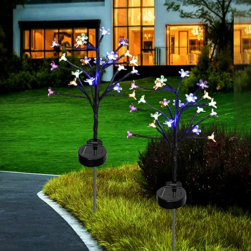 ZQX Lot de 2 lampes solaires pour jardin et terrasse - 16 LED - Branches de cerisier réalistes - Décoration de jardin solaire colorée pour l'extérieur du balcon au patio