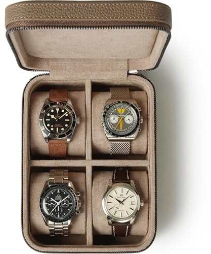 TAWBURY Luxury Leather Watch Box Unisex – Travel Watch Case with Zipper Closure | Top-Grain Genuine Leather Watch Travel Roll | Real Leather Watch Boxes for Men Travel | 4 Watch Carrying Case (Taupe)