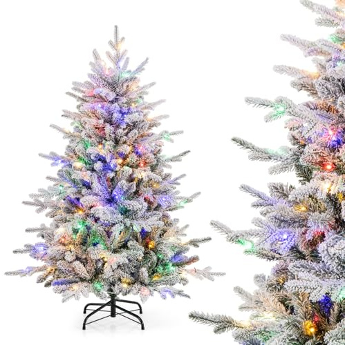 COSTWAY Albero di Natale Artificiale Innevato 135/186/218 CM, Albero di Natale con Cerniera e 8 Modalità luminose, 160/260/350 Luci LED Multicolori e 436/820 /1164 Punte di Ramo in PVC e PE (135 CM)