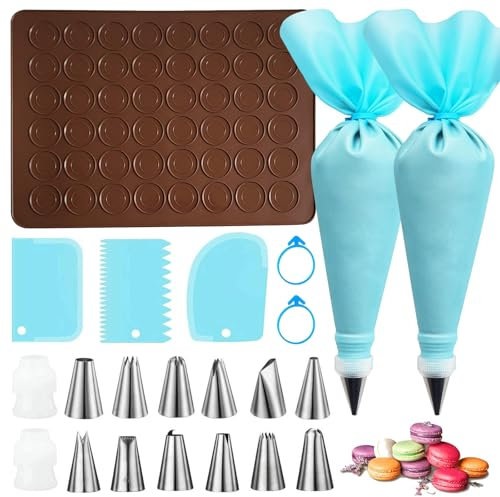 Qaestuan 22 Stück Set Backmatte für Macarons, mit Spritzbeutel und 12 Spritztüllen, 48 Mulden Macaron Backmatte, Antihaftbeschichtet Silikon Backformen, für Makronen, Kuchen, Brot, 39 x 29cm