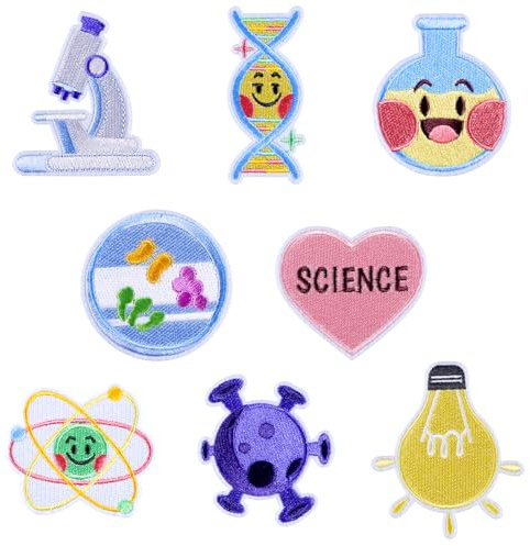 Lot de 8 écussons à repasser scientifiques - Caricature mignonne - Physique - Biologie - Chimie - Laboratoire - Couture - Appliques brodées sur réparation - Appliques brodées pour scientifiques -