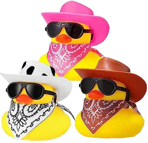 3 Piezas Patitos De Goma Salpicadero, Patos De Goma Para Bañera, Patos De Goma Juguetes Baño Bebe, Con Sombrero De vaqueros minis Bufanda Collar Y Gafas De Sol Para Coche Escritorio Oficina Decoración