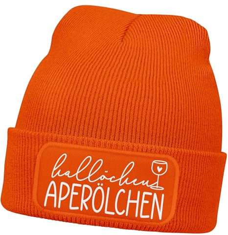 MoonWorks® Damen Beanie mit Patch Hallöchen Aperölchen Strickmütze mit Spruch Aufdruck Lustig Damenmütze Orange Unisize