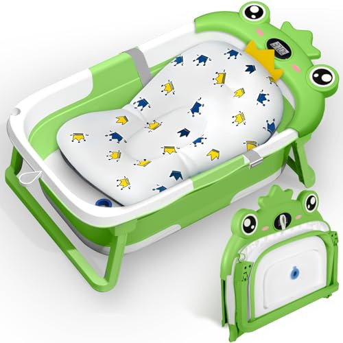 TEBOKHAD Bañera Bebe Con Cojín De Baño Antideslizante, Bañera Plegable Bebé Con Termómetro, Ergonómica, Ahorra Espacio, Portátil, Adecuada Para Recién Nacidos Y Bebés De 0 a 36 Meses (Verde B)