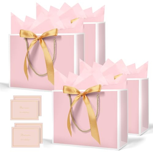 AMFUN Lot de 4 Pochettes Cadeaux avec Anse, Sacs Cadeaux en Papier Avec Ruban d'Arc, Pochettes en Papier avec Anse, Emballage Cadeau pour Noël, les Anniversaires, Mariages, Fête（Rose Bord Blanc)