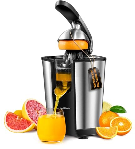 Amzpass Electric Orange Juicer, Citrus Juicer Squeezer with 2 Cones and Soft Grip Handle for Effortless Juicing, Stainless Steel Quiet Orange Juice Extractor Machines for Lime Grapefruit Lemon