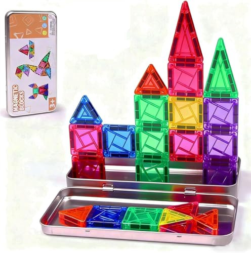 Cabeeskii Bloques Magnéticos de Construcción para Niños 30 Piezas, Juguete de Viaje con Caja Metálica - Juego de Imanes Educativo Stem para Niños y Niñas de 3+ Años