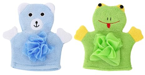 Lot de 2 gants de bain pour enfants, gants de toilette en luffa, gants éponge mignons, grenouille, animal mignon, gants de bain pour tout-petits, gants de bain pour fête prénatale, vert et bleu