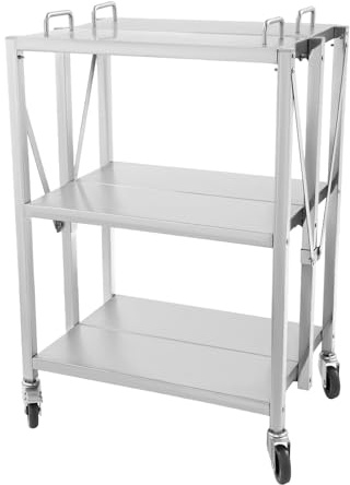 TaNeHaKi Carrito de servicio plegable, carrito de cocina de acero inoxidable, 3 estantes, carro de transporte, 63 x 40 x 95 cm, mesa de cocina, carrito de estantería, hasta 100 kg, soporte para