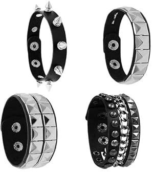 CLDURHGE Set of 4 Black Faux Leather Studded Bracelets | Gothic Punk Wristbands with Single Double Triple Studs | Adjustable Rock Style Bangle for Party Costume Cosplay Dress-Up Accessories