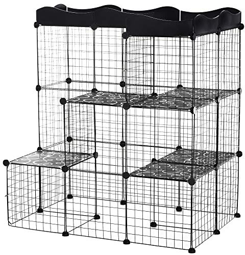 PawHut Jaula para Animales Pequeños de 40 Paneles Parque para Mascotas Valla Metálica Forma DIY para Conejos Cobayas Gatito 105x70x116 cm Negro