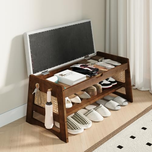 Solid Wood Entryway Shoe Bench, 70cm Storage Bench with Flip-Top Storage