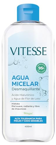 Vitesse, Agua Micelar Desmaquillante con Ácido Hialurónico y Agua de Flor de Loto, Limpia y Desmaquilla sin Enjuagar, Hidrata y Suaviza, Para Pieles Sensibles y Todo Tipo de Piel, Vegan, 400 ml